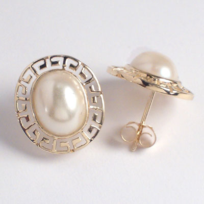 14k solid yellow Gold Greek Key pearl Earrings