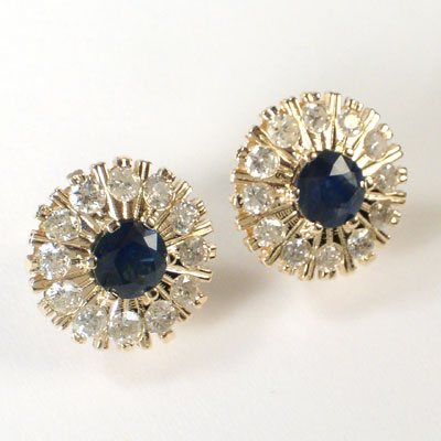 Diamond Sapphire Russian style Earrings 14K Gold