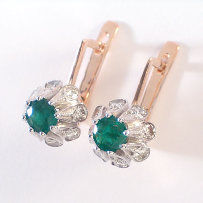Emerald Diamond Russian style Earrings 14k gold