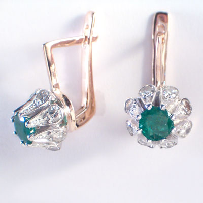 Emerald Diamond Russian style Earrings 14k gold