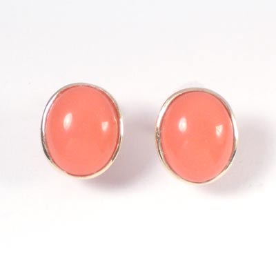 14k Gold Oval Coral Studs