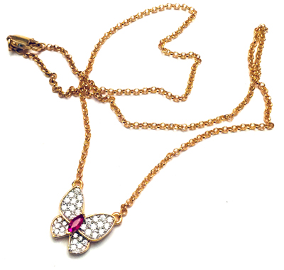 14k Gold Butterfly Ruby and Diamond Necklace