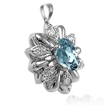 Russian Style Diamond Aquamarine Pendant 14k Gold