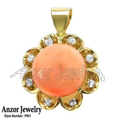 14k Gold Coral and diamond Pendant 12mm