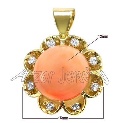 14k Gold Coral and diamond Pendant 12mm