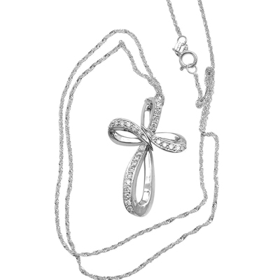 14k White Gold Cross Diamond Pendant with Chain