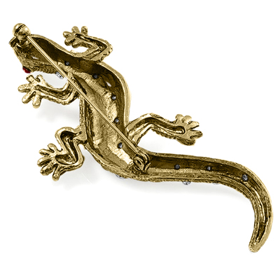 14k Gold Diamond and Ruby Lizard Brooch Pendant