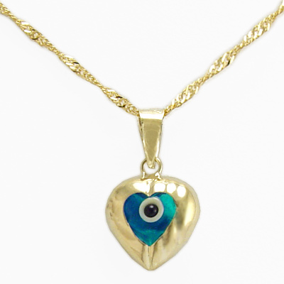 14k Yellow Gold Evil Eye Heart Pendant 18"