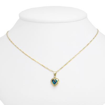 14k Yellow Gold Evil Eye Heart Pendant 18"