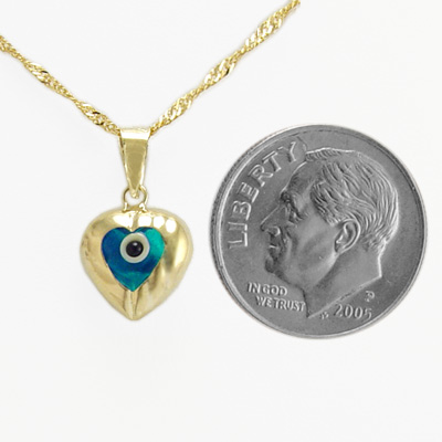 14k Yellow Gold Evil Eye Heart Pendant 18"