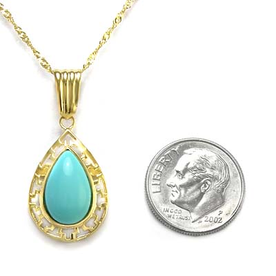 14k Gold Turquoise Greek key  Pendant 18" chain
