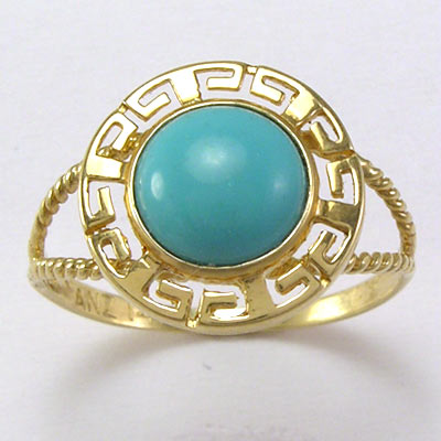 14k Gold Greek Key Round Turquoise Ring