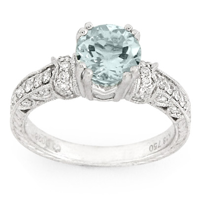 14k White Gold Fine AA Aquamarine Diamond Ring
