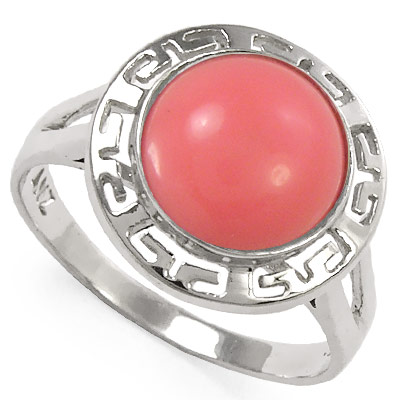 14k White Gold Greek Key Coral Ring