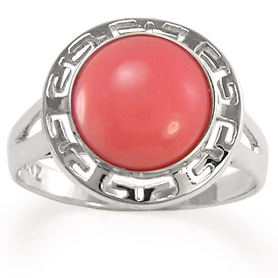 14k White Gold Greek Key Coral Ring