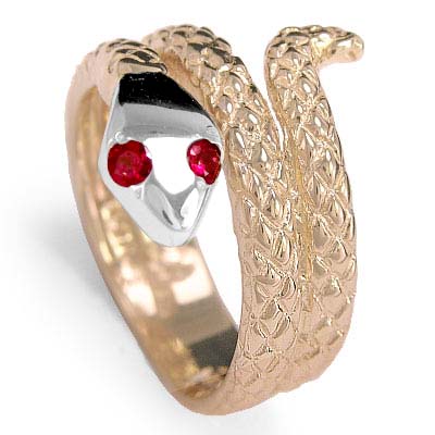 14k Two-Tone Twisted Serpent Ruby Men's Ring