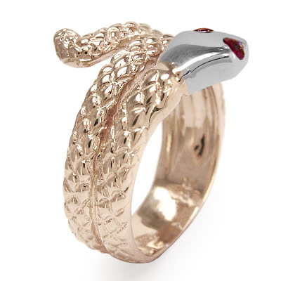 14k Two-Tone Twisted Serpent Ruby Men's Ring