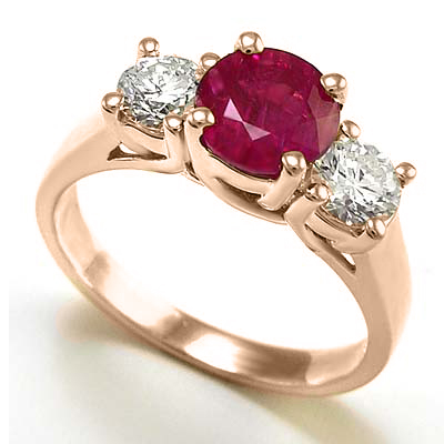 14k Rose Gold Ruby Diamond three stone Ring