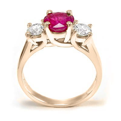 14k Rose Gold Ruby Diamond three stone Ring