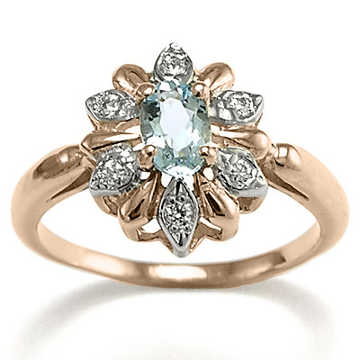Russian Style Diamond Aquamarine Ring 14K  G / VS1