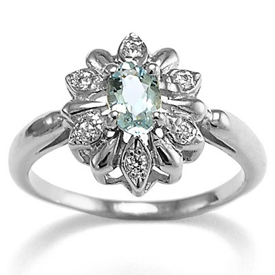 14k White Gold Genuine Diamond Aquamarine Ring