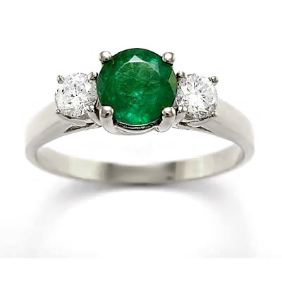 18k Gold Emerald Diamond Three Stone Ring