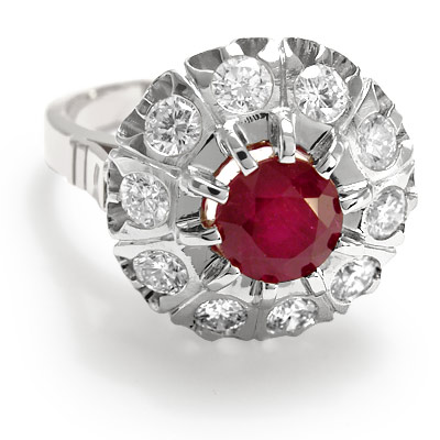 Russian Style Diamond and ruby ring 585 white gold