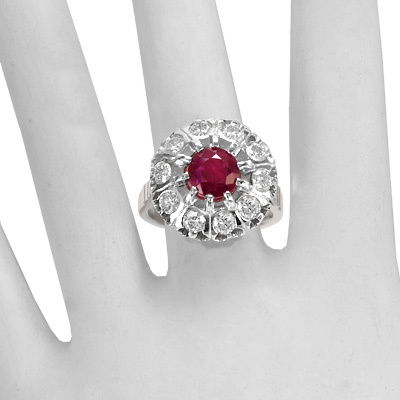 Russian Style Diamond and ruby ring 585 white gold