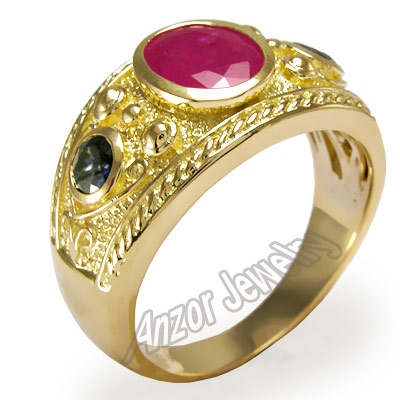 Men's 18k Yellow Gold Ruby and Sapphire Ring