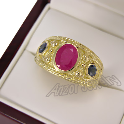Men's 18k Yellow Gold  Ruby and Sapphire Ring