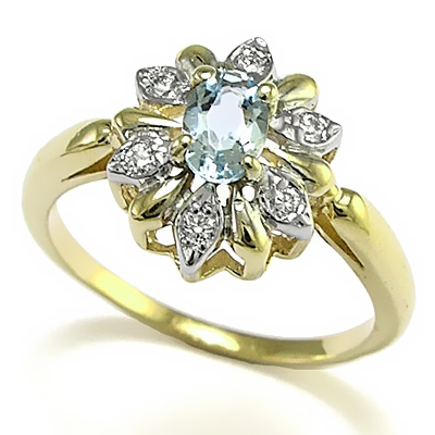 Russian Jewelry Diamond & Aquamarine Ring 18k