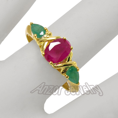 Three-Stone Emerald Ruby Ring 18k Gold