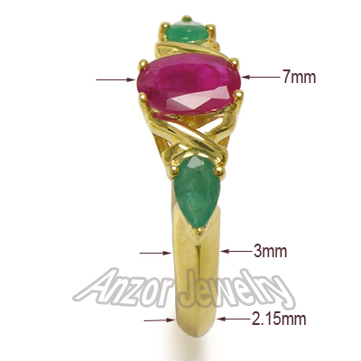 Three-Stone Emerald Ruby Ring 18k Gold