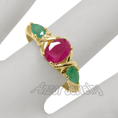 Three-Stone Emerald Ruby Ring 14k Gold