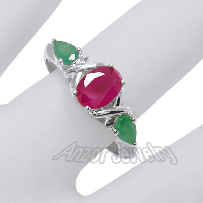 Three-Stone Genuine Emerald Ruby Ring 18k Gold
