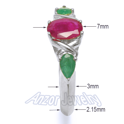Three-Stone Genuine Emerald Ruby Ring 18k Gold