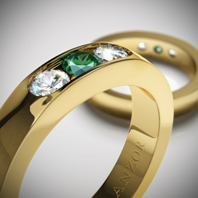 18k Gold Diamond & Emerald Wedding Band