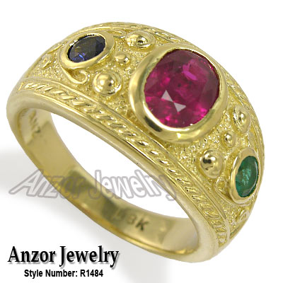 Etruscan Men's ruby sapphire emerald ring 18K