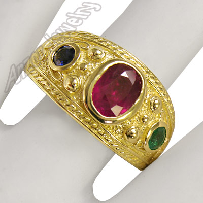 Etruscan Men's ruby sapphire emerald ring 18K