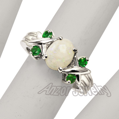 14k White Gold Opal Emerald Ring