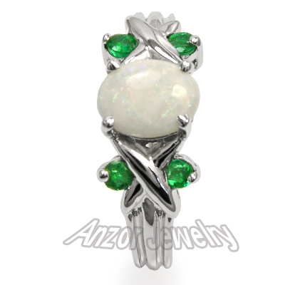 14k White Gold Opal Emerald Ring