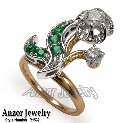 Russian Style Diamond Emerald Ring in 14k