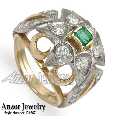 Russian Style 14k Gold Diamond & Emarald Ring