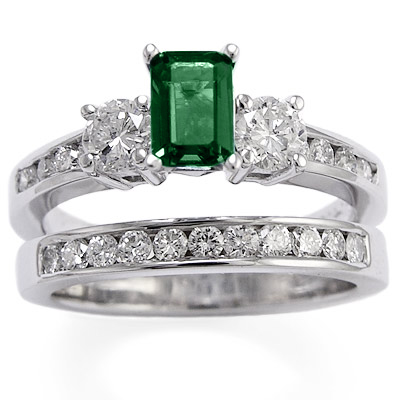 14k Gold Emerald Diamond Engagement Ring Set