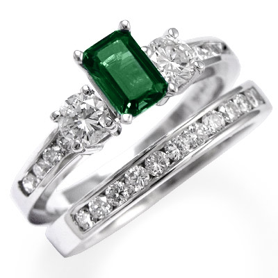 14k Gold Emerald Diamond Engagement Ring Set