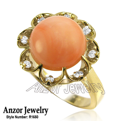 14k Solid Yellow Gold Coral and diamond Ring