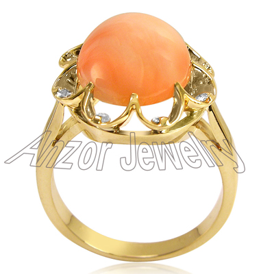 14k Solid Yellow Gold Coral and diamond Ring