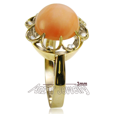 14k Solid Yellow Gold Coral and diamond Ring
