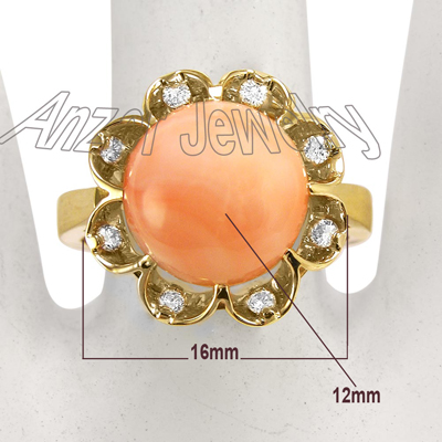 14k Solid Yellow Gold Coral and diamond Ring