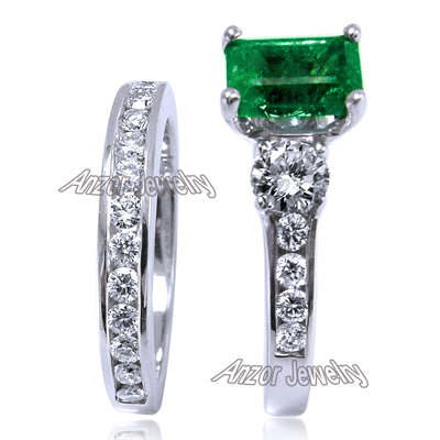 18k Gold Emerald Diamond Engagement Ring Set